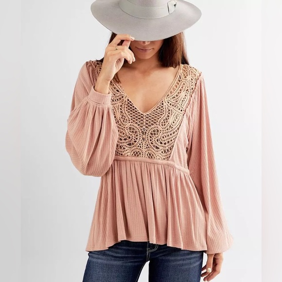 BKE Pieced Crochet Peplum Top - Picture 1 of 6